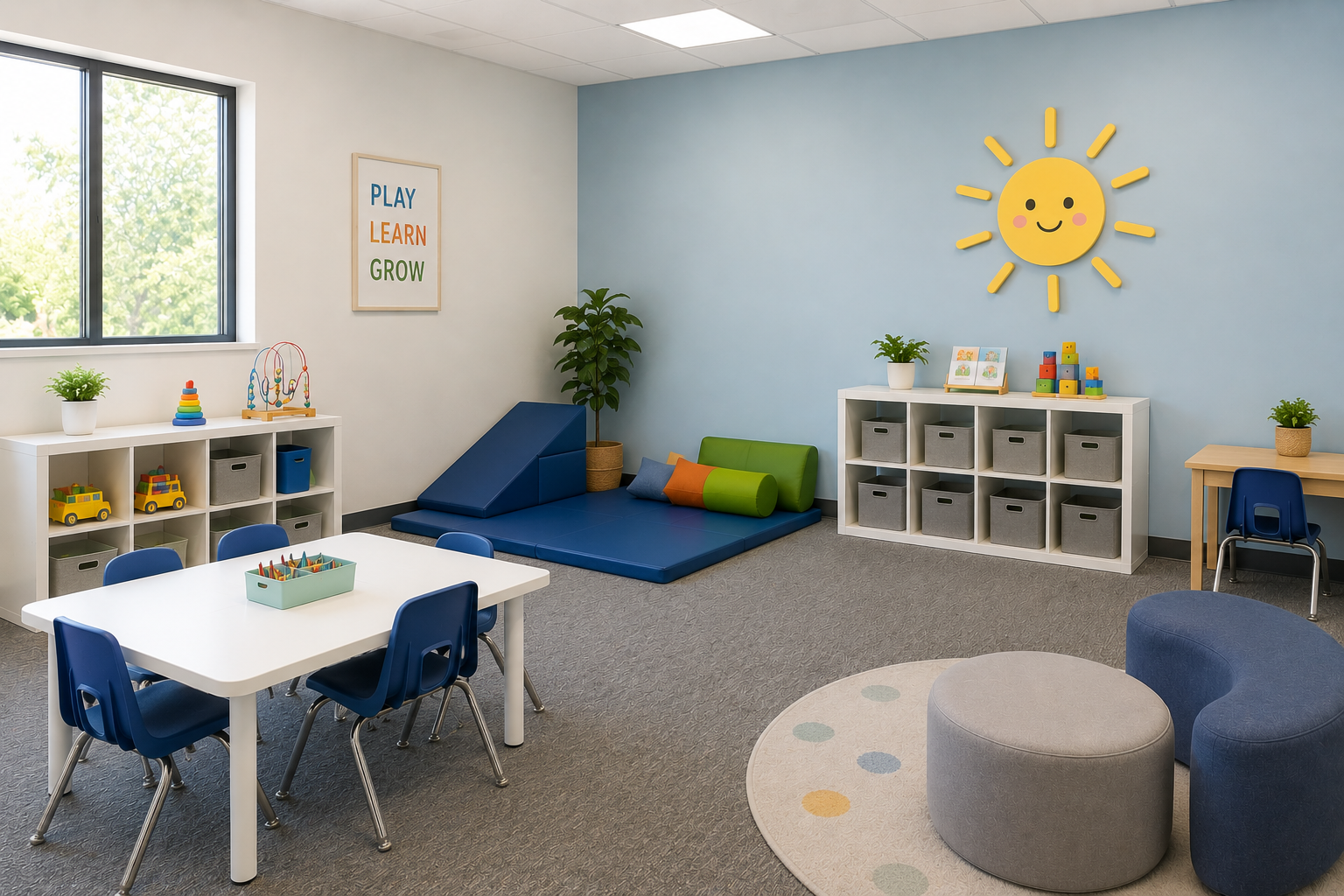 A bright, welcoming therapy room at the SkyBright ABA East Dallas clinic
